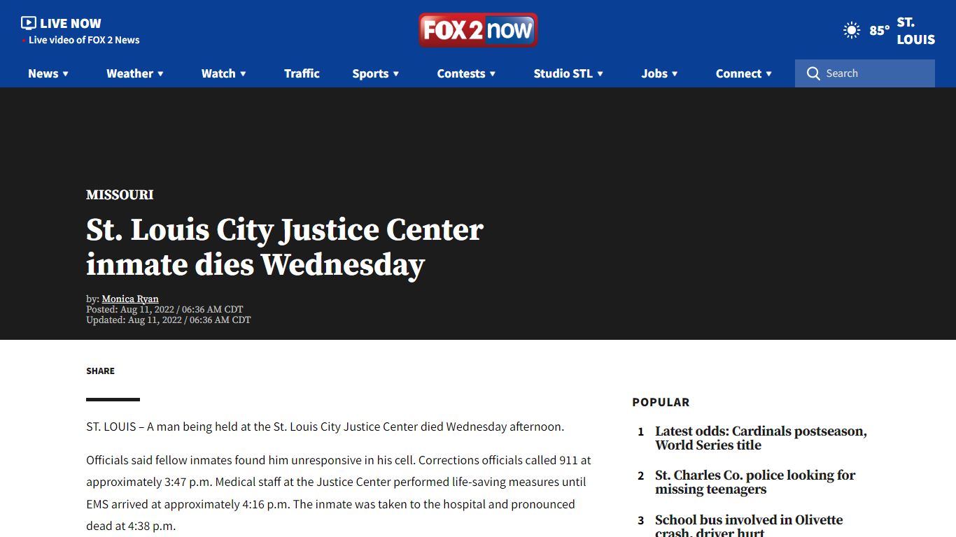 St. Louis City Justice Center inmate dies Wednesday | FOX 2